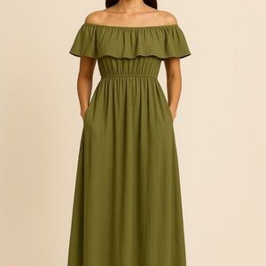 Elegant Olive Off-Shoulder Maxi Dress size Small